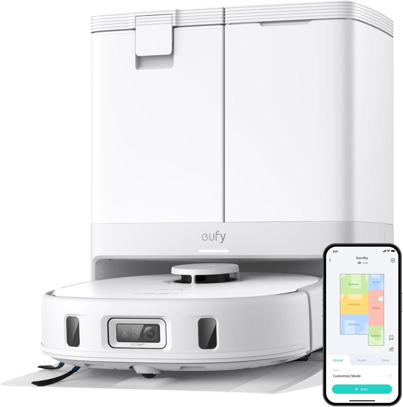 eufy X10 Pro Omni Robot Aspirador com base auto-esvaziada e copas giratórias, 8.000 Pa, roupa dupla com elevação automática de 12 mm, detecção de tapetes, antiobstáculos AI, limpeza automática branca