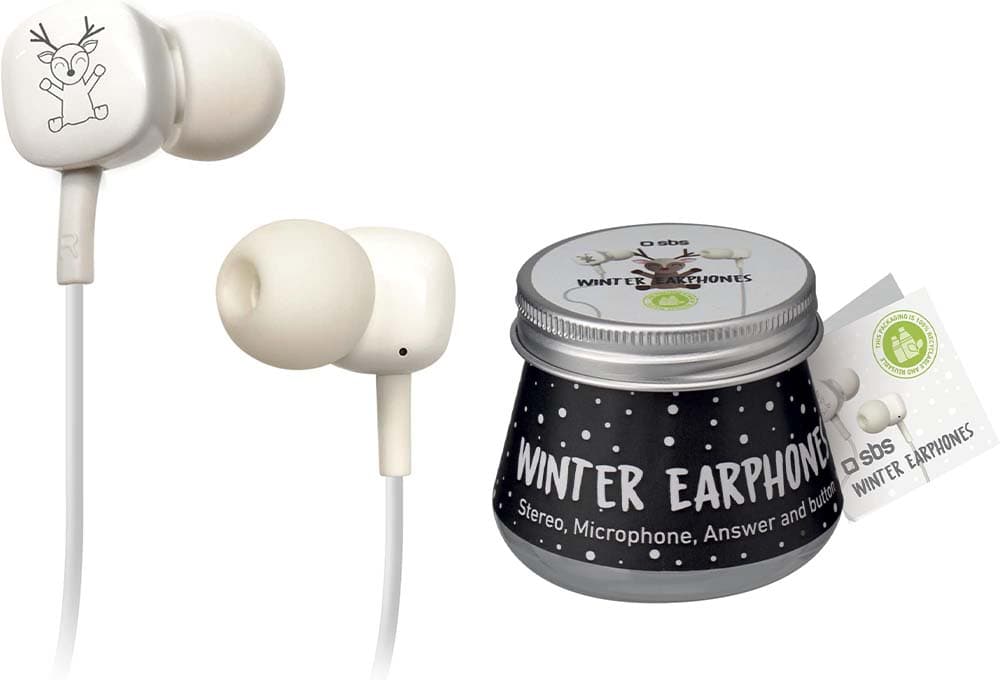 SBS Auriculares com cabo Jack de 3,5 mm universal, microfone integrado, teclas de resposta/fim de chamada, capa em forma de frasco de marmelada 100% reciclável e reutilizável
