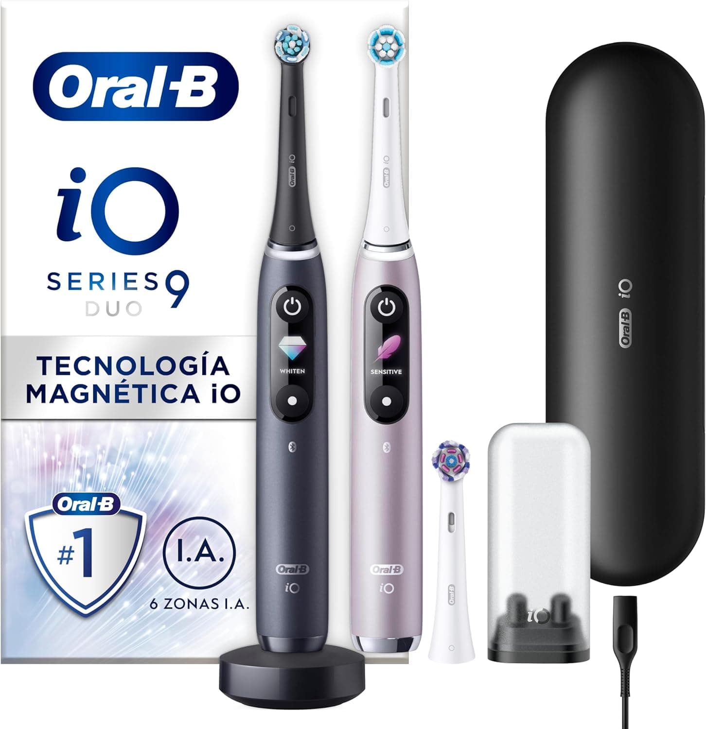 Oral-B iO 9 Pack de 2 escovas de dentes elétricas preto e rosa, com 3 cabeças e 1 estojo carregador de viagem, 7 modos de limpeza, sensor de pressão, carregamento rápido, desenhado por Braun