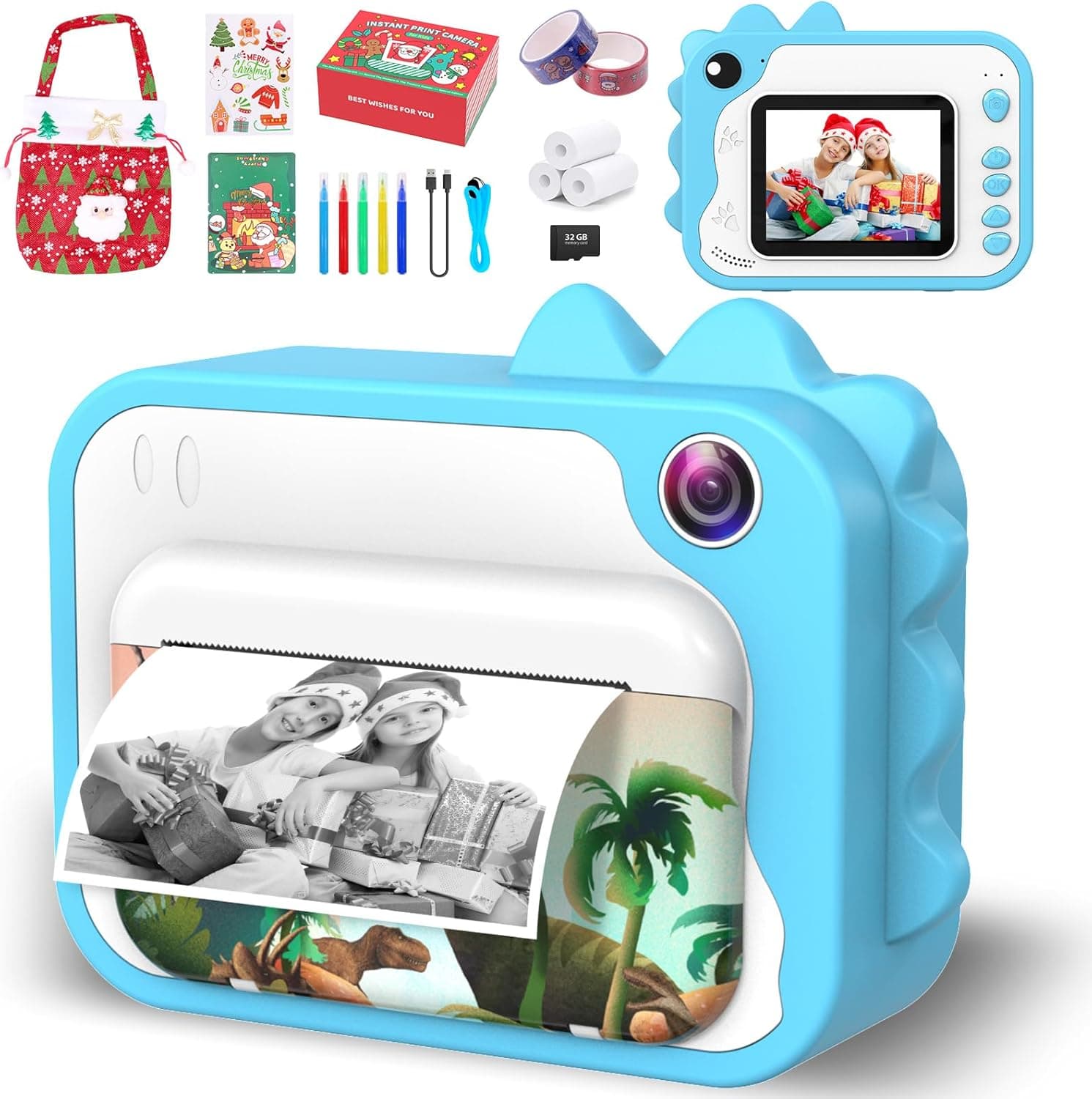 Ushining Câmara fotos infantis instantâneas, 1080 P câmara instantânea crianças com ecrã de 2,4 polegadas papel de impressão cartão TF de 32 GB bolsa, presentes para crianças, azul