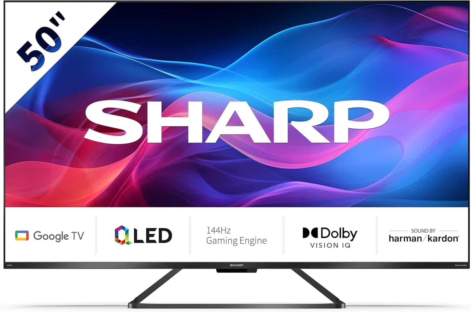 Sharp Gaming QLED 144Hz 50GR8265E Google TV de 50", 4K Ultra HD, 4X HDMI 2.1, 2X USB, Bluetooth, Dolby Vision IQ e Atmos, Google Assistant, altifalantes Harman/kardon 2 x 12 W, preto