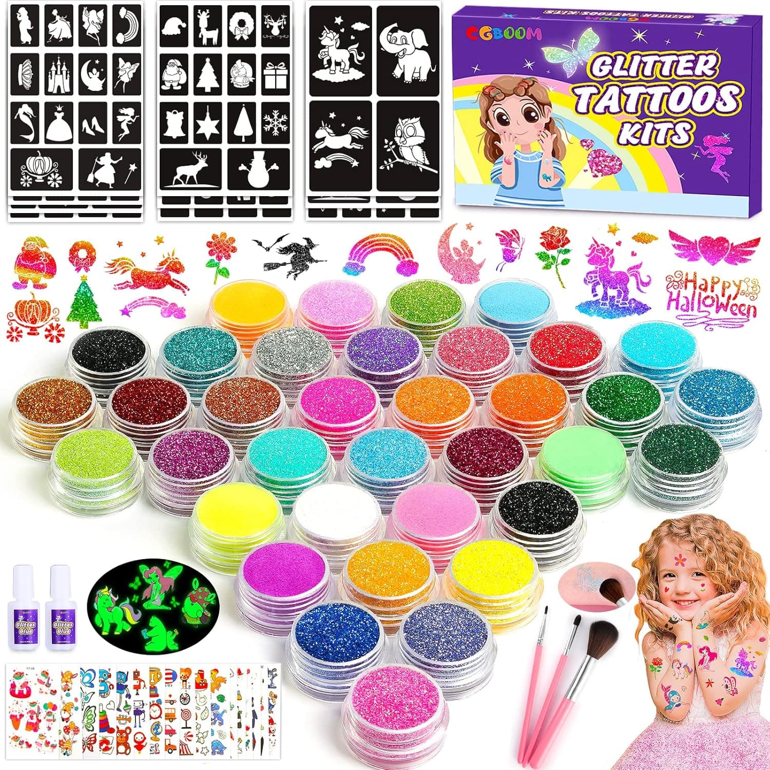 Kit de tatuagem de purpurina temporárias luminosas, presente de aniversário, inclui brilho e palmilha, para crianças de 6 anos +, multicolorido