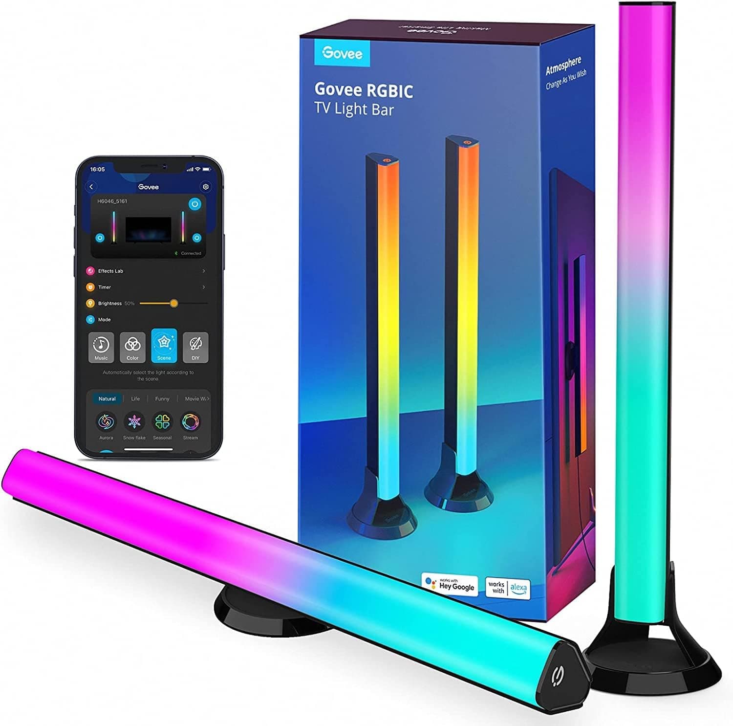 Govee RGBIC Barras de luz, 38 cm com pérolas duplas de luz Wi-Fi inteligente, com várias opções de colocação para TV de 45 a 70 polegadas, funcionam com Alexa e Google Assistant, cor preta