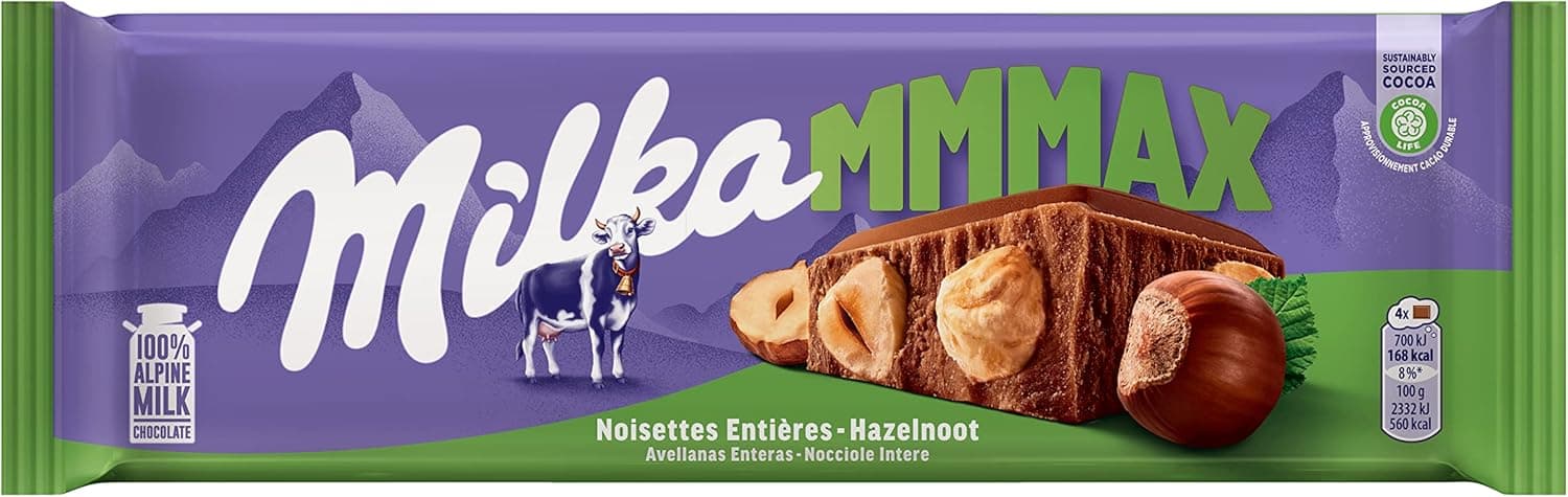 Milka MMMAX Tablete grande de chocolate com leite dos alpes com avelãs inteiras 270 g
