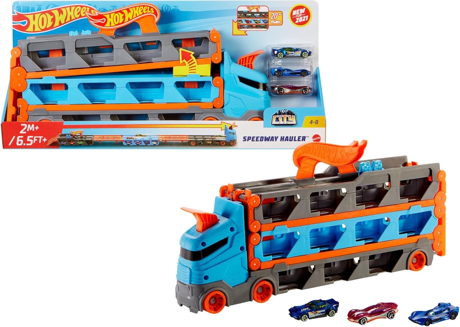 Hot Wheels City - Camião auto-estrada, pista de carros de brinquedo de 2 metros com lançador, inclui 3 veículos (Mattel HGH33)