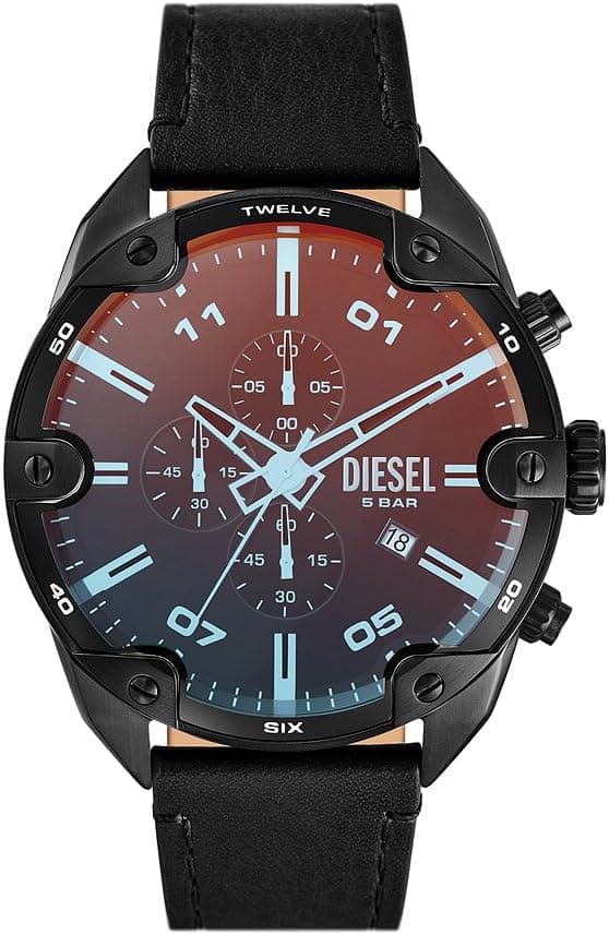Diesel Spiked Chronograph DZ4667 | Relógio de homem em aço inoxidável com cronógrafo, mostrador azul sunray curvo e bracelete em pele castanha
