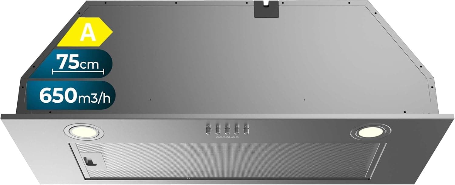 Cecotec Sino extrator de 75 cm integrado Bolero Flux IM 756500 Inox A. Potência de sucção 650 m3/h, motor de 165 W, controlo mecânico, 3 níveis de potência, luz e filtro de carbono, Inox