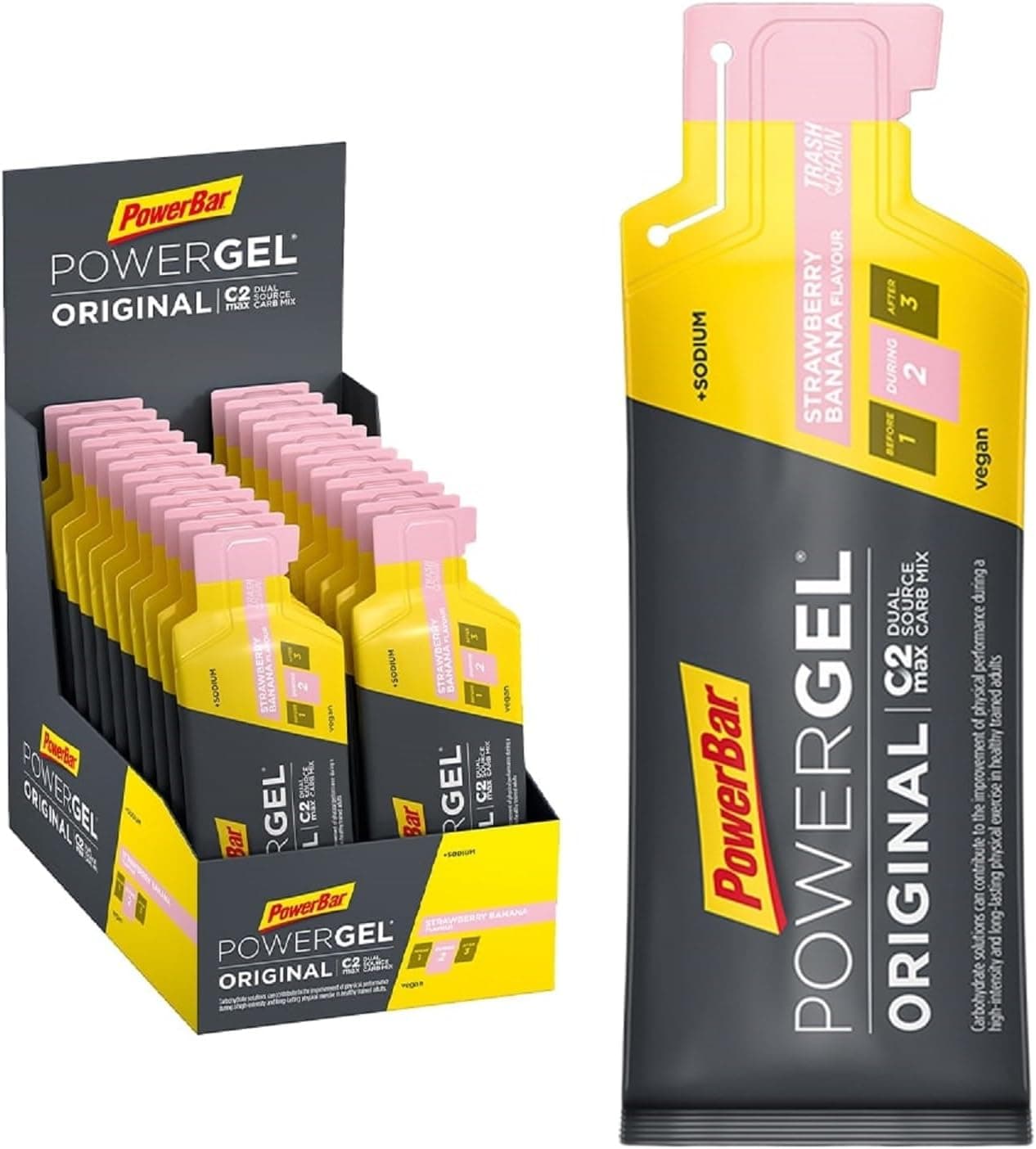 Powerbar PowerGel Original Strawberry - Banana 24 x 41 g, gel de alta energia para carvão + magnésio e sódio sem cafeína