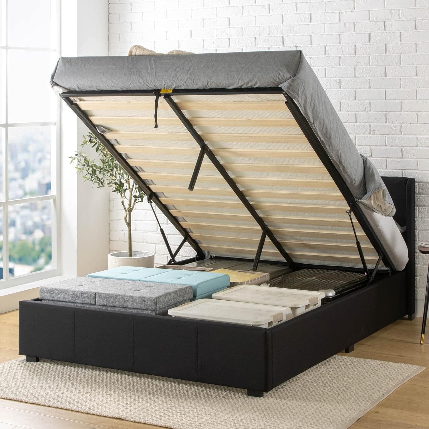 Zinus Maddon cama 150 x 200 cm - altura 31 cm com armazenamento debaixo da cama - Ottoman Gas lift moldura de cama estofada com armazenamento - preto