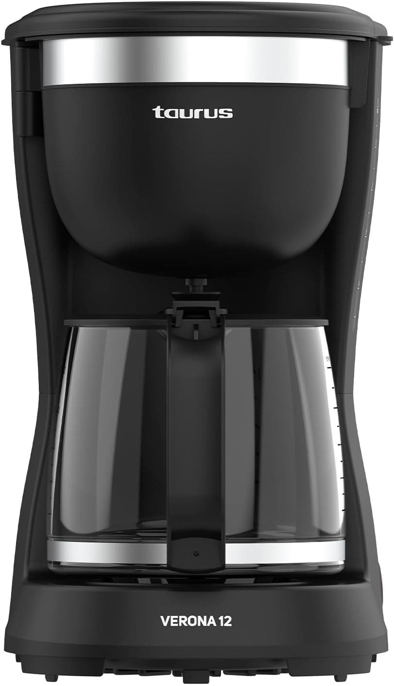 Taurus Cafeteira de gotejamento de Verona 12, 680W, 1250 ml, Intense Flavour Tech, placa de aquecimento, filtro permanente lavável, jarro de vidro anti-gotejamento, design compacto preto mate, BPA