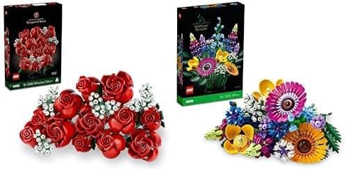 LEGO Ícons ramo de rosas, flores artificiais para decoração de casa e ícones ramo de flores silvestres, flores artificiais