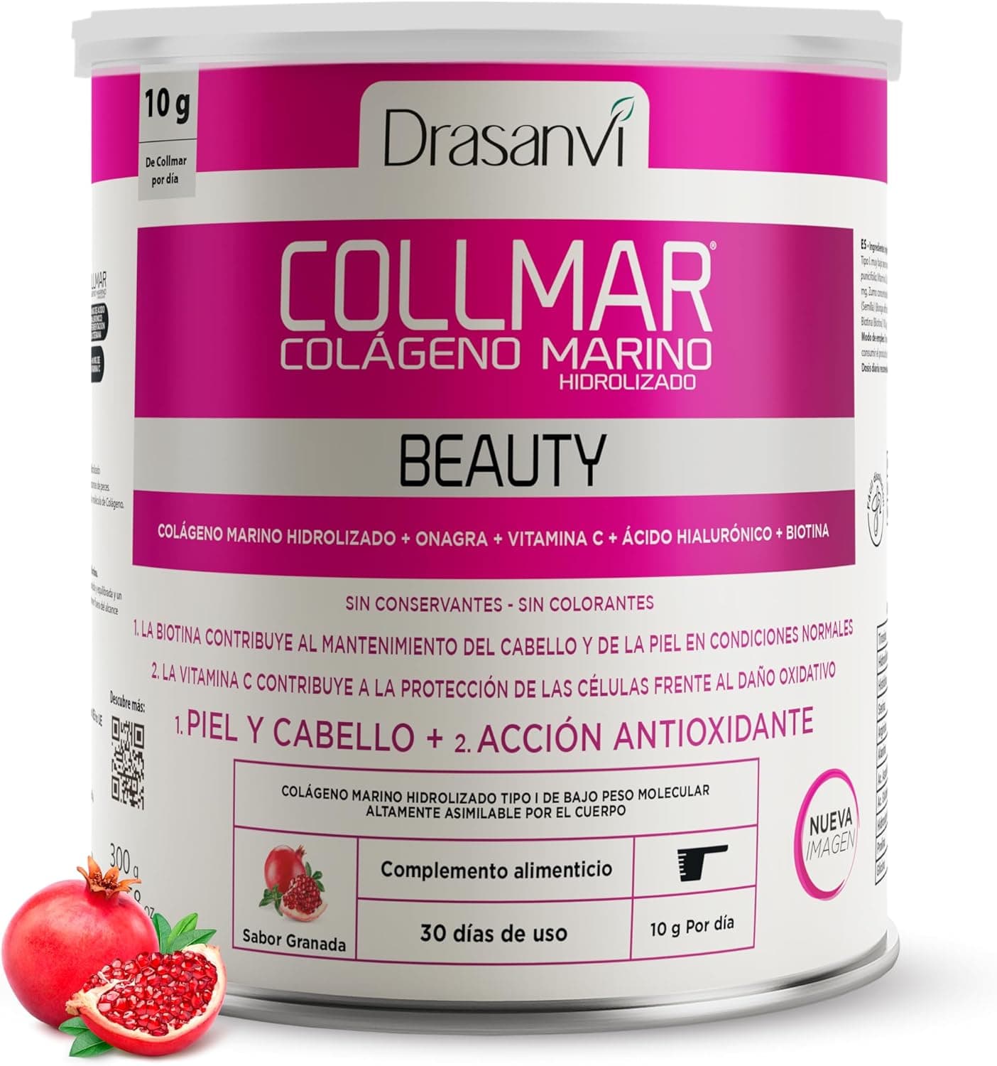 DRASANVI COLLMAR BEAUTY COLAGENO Ácido HIALURONICO Colágeno marinho hidrolizado com vitamina C natural e biotina, Beauty Collagen pele bonita e hidratada, sabor romã, 300 GR= 30 dias
