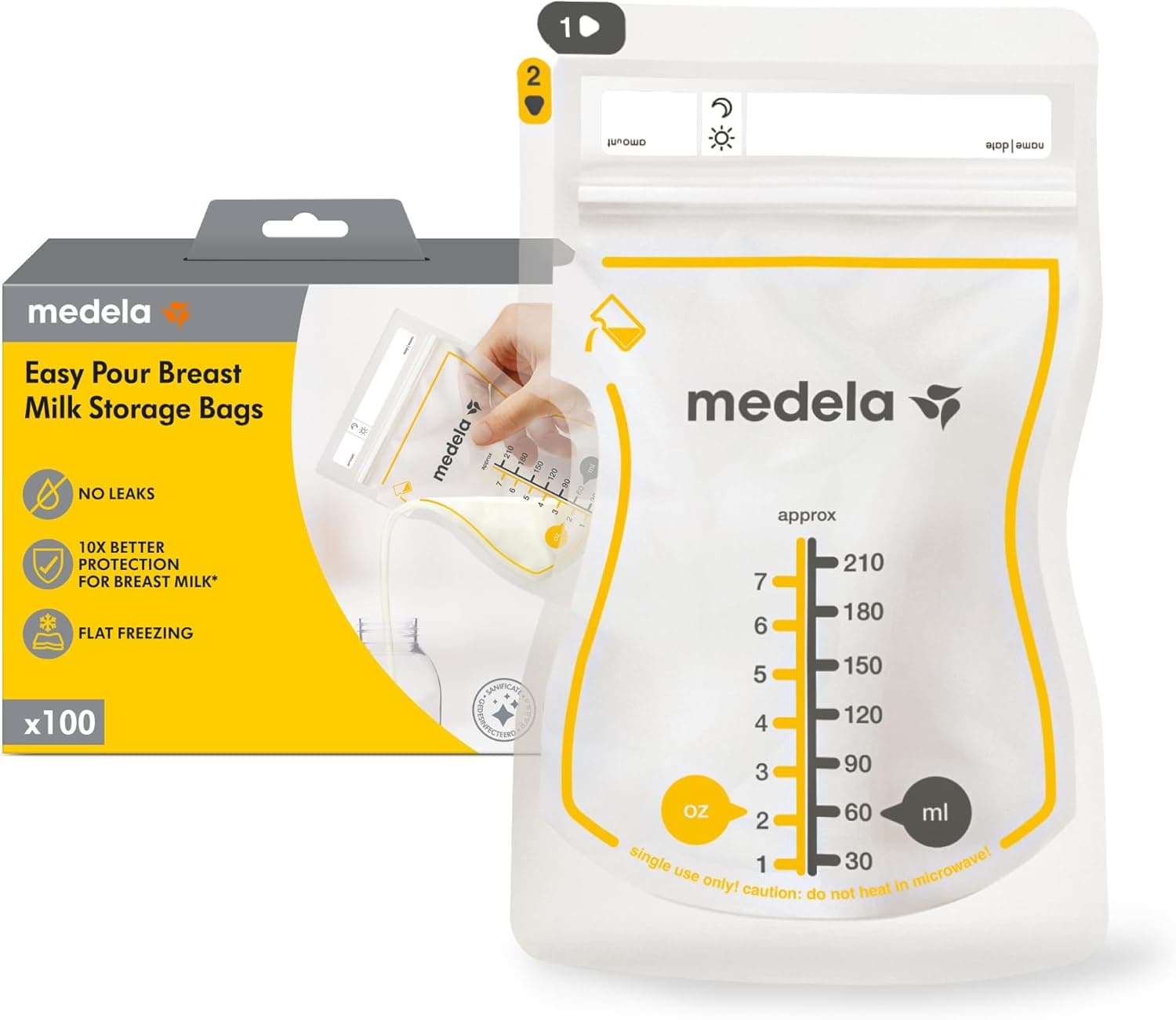 Medela Sacos de armazenamento de leite materno Easy Pour, sacos descartáveis de 210 ml, à prova de fugas, protegem os nutrientes do leite, sem BPA, embalagem de 100 sacos