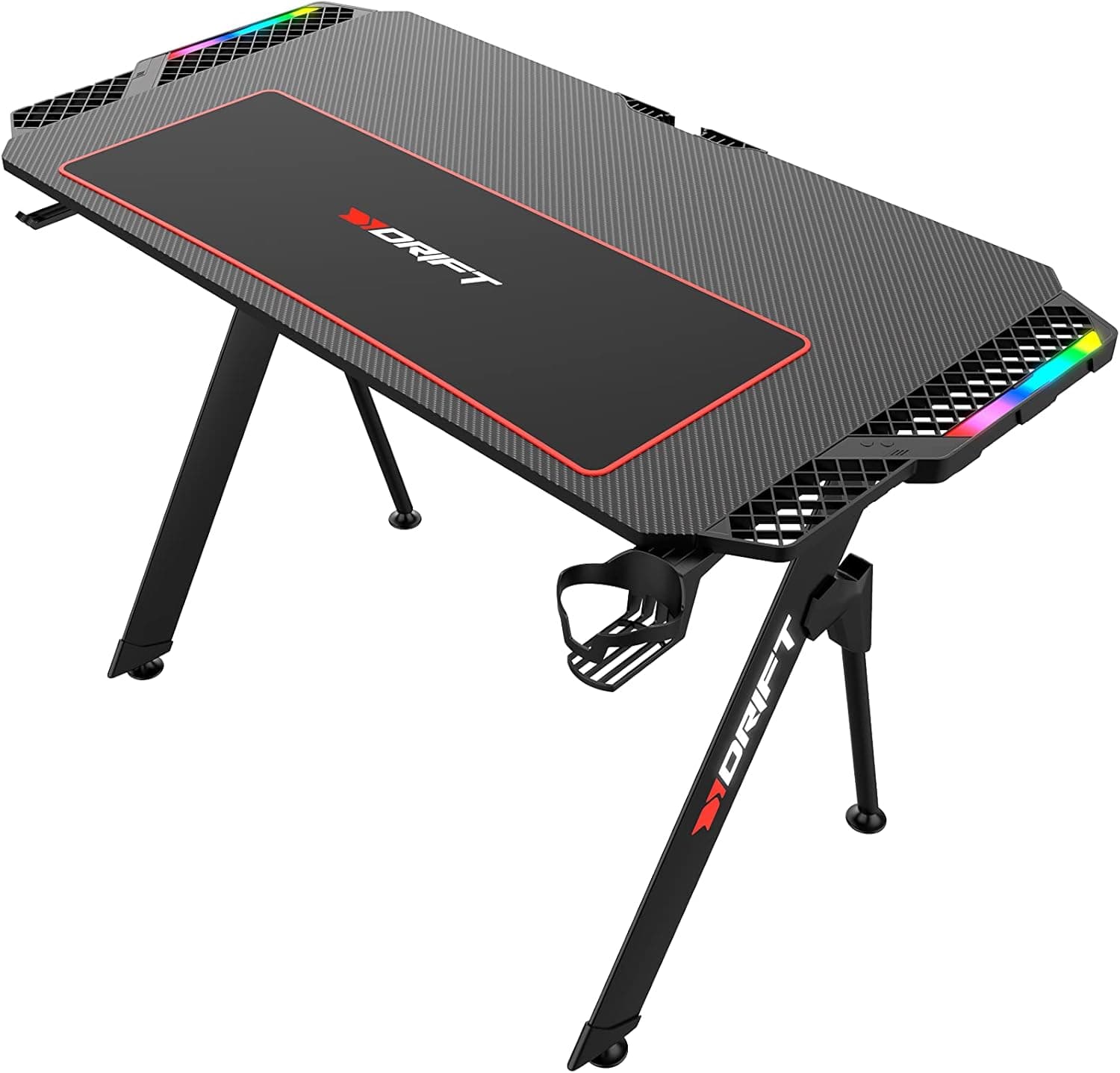 DRIFT GAMING DRDZ150 - Mesa de jogos com placa de fibra de carbono coberta por um tapete Full Size, suporte canecas e auriculares, extensão lateral RGB, organizador de cabos, cor preta