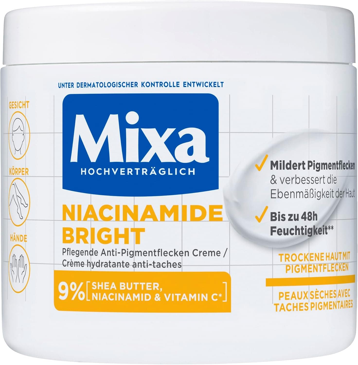 Mixa Creme hidratante anti-manchas pigmentadas multiusos, adequado para rosto, corpo e mãos, Niacinamide Bright, hipoalergénico, 400 ml