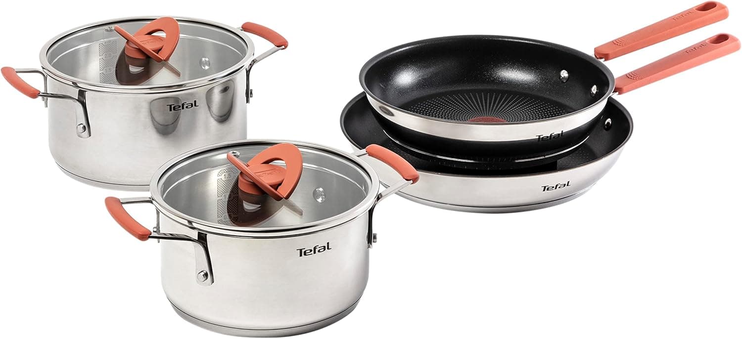 Tefal Optispace Conjunto de 2 frigideiras e 2 panelas: 2 frigideiras de 24/28 cm, panelas de aço inoxidável de 18/20 cm, 2 tampas planas, Thermospot, alças de toque frio, todos os tipos de cozinhas