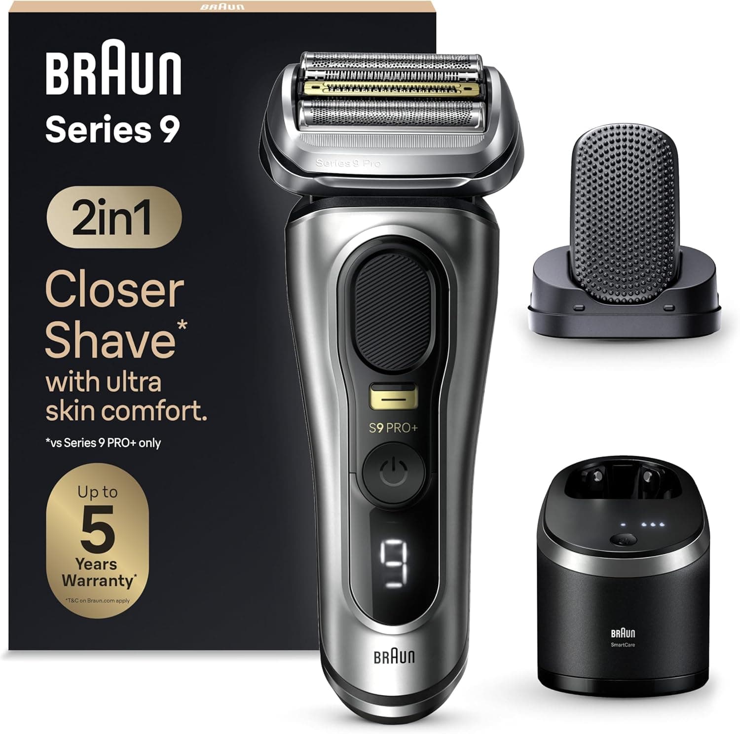 Braun Series 9 Pro máquina de barbear elétrica para homem, máquina de barbear barba, cabeça ProComfort, centro de limpeza SmartCare, seco e molhado, 9597cc, prata
