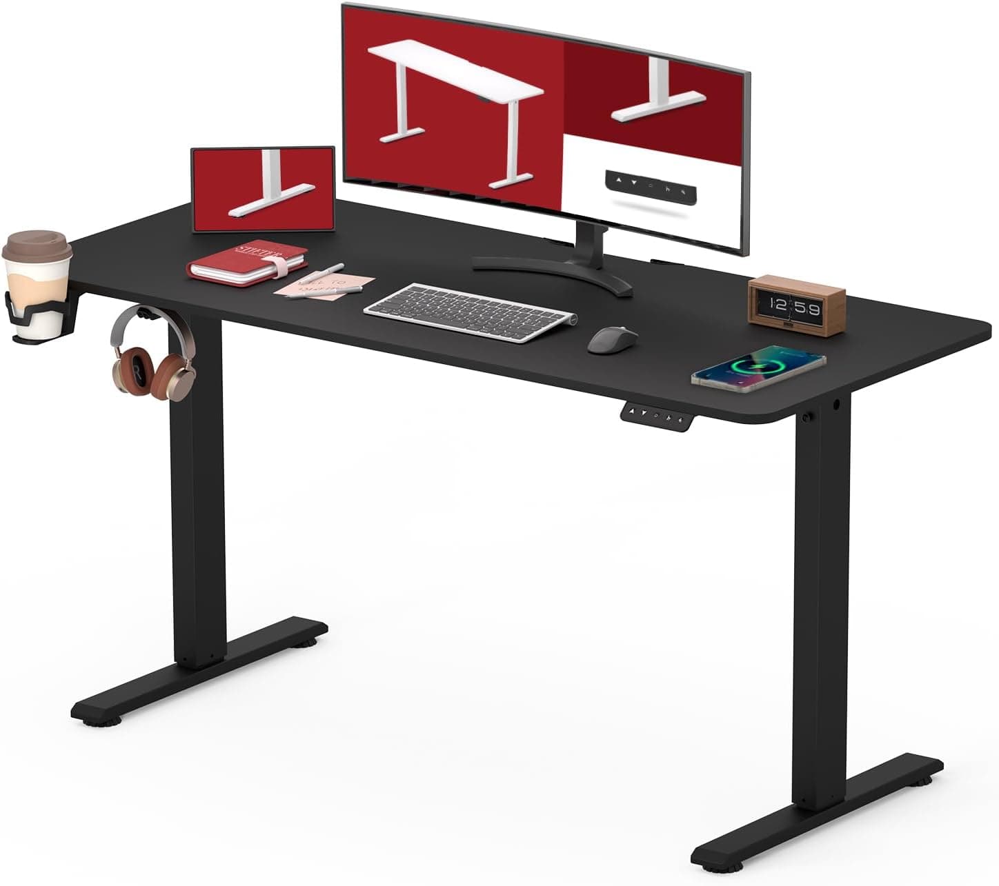 SANODESK QS1 110 x 60 cm mesa elétrica elevável com um painel inteiro mesa de elevação elétrica secretária regulável em altura telescópica bidirecional com controlo de memória (preto)