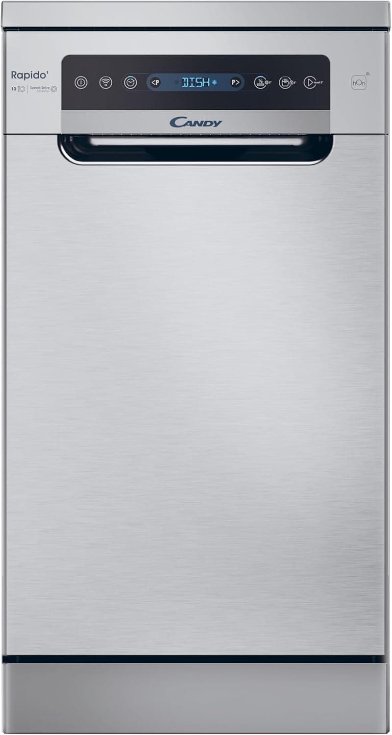 Candy Rapidò CF0C7SB0FX Lava-louças 45 cm, 10 serviços, digital, Wi-Fi, 8 programas, tecnologia antibacteriana, 47DB, indicador sal e brilhante, cesta superior ajustável, início diferido, Inox