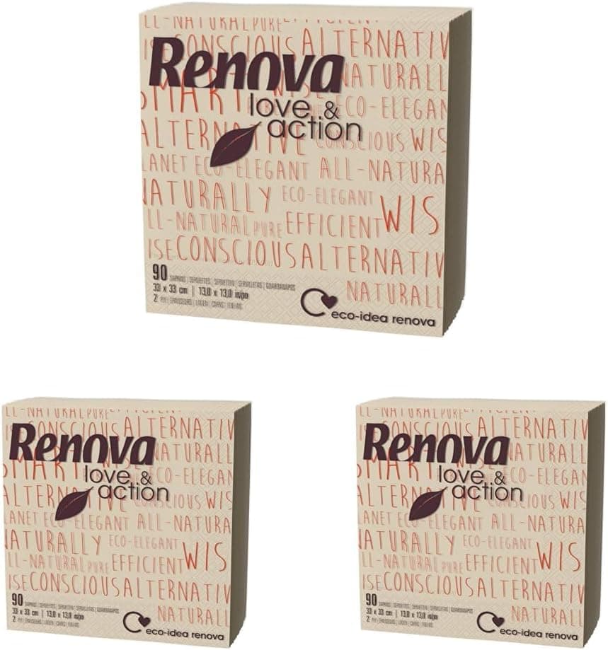 Renova Guardanapos de papel Love & Action - 90 guardanapos eco tamanho padrão (embalagem de 3)