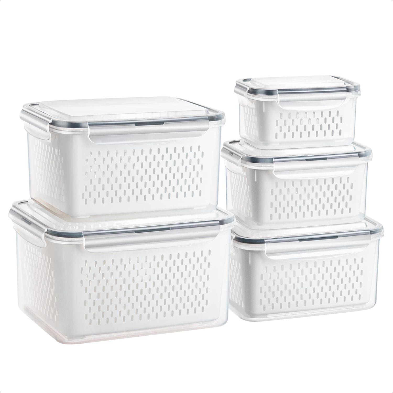 GUWINA Conjunto de 5 recipientes para alimentos com tampa e peneira, empilhável recipientes herméticos para alimentos para conservação de legumes e frutas para micro-ondas e máquina de lavar louça