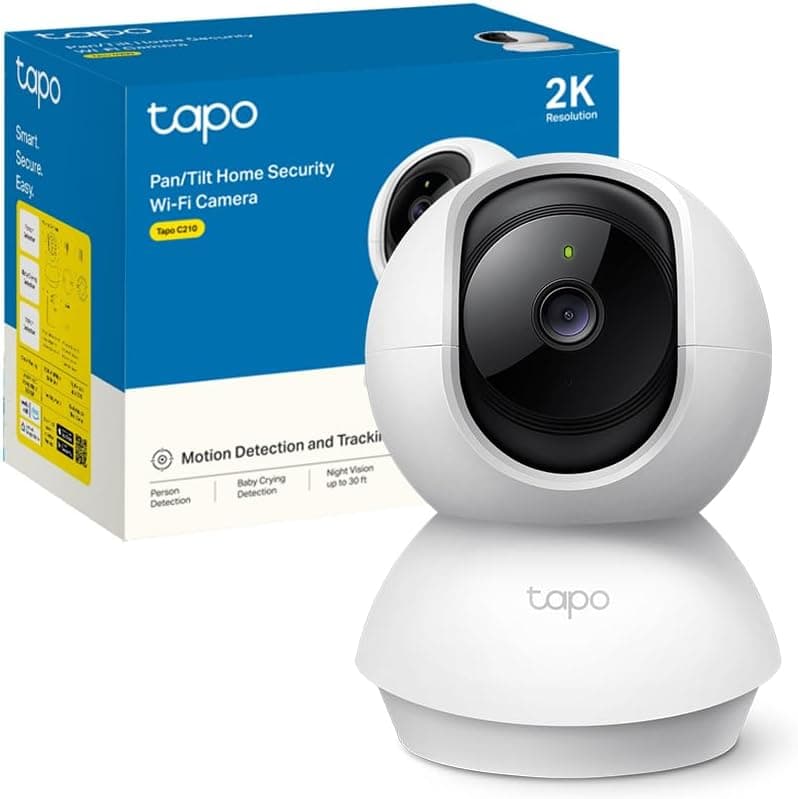 Câmara Wi-Fi interior TP-Link de 3 MP (2K), câmara de vigilância, visão noturna, notificações em tempo real, armazenamento em nuvem e MicroSD de até 256 GB, Alexa e Google Assistant (Tampa C210)