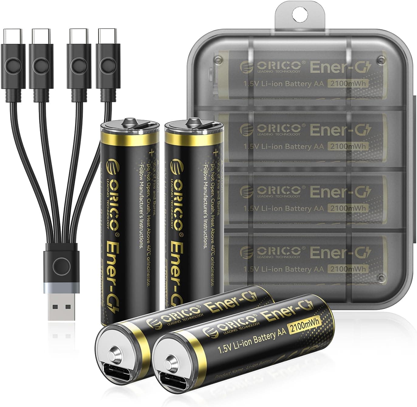 ORICO | Pack de 4 pilhas AA recarregáveis de lítio 1.5V com carregador USB-C e alta capacidade