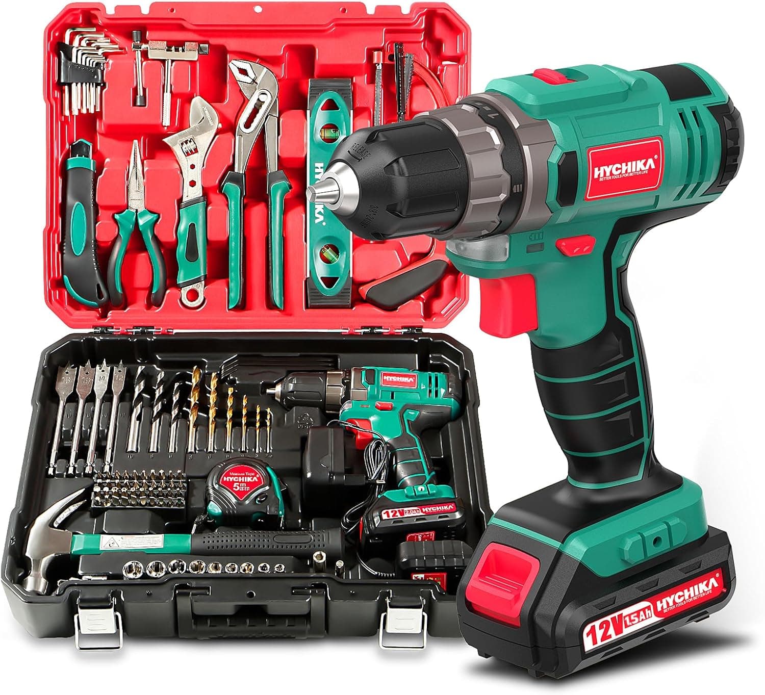 HYCHIKA 104pcs | Caixa de ferramentas com berbequim elétrico 12 V e conjunto de 104 peças para bricolage