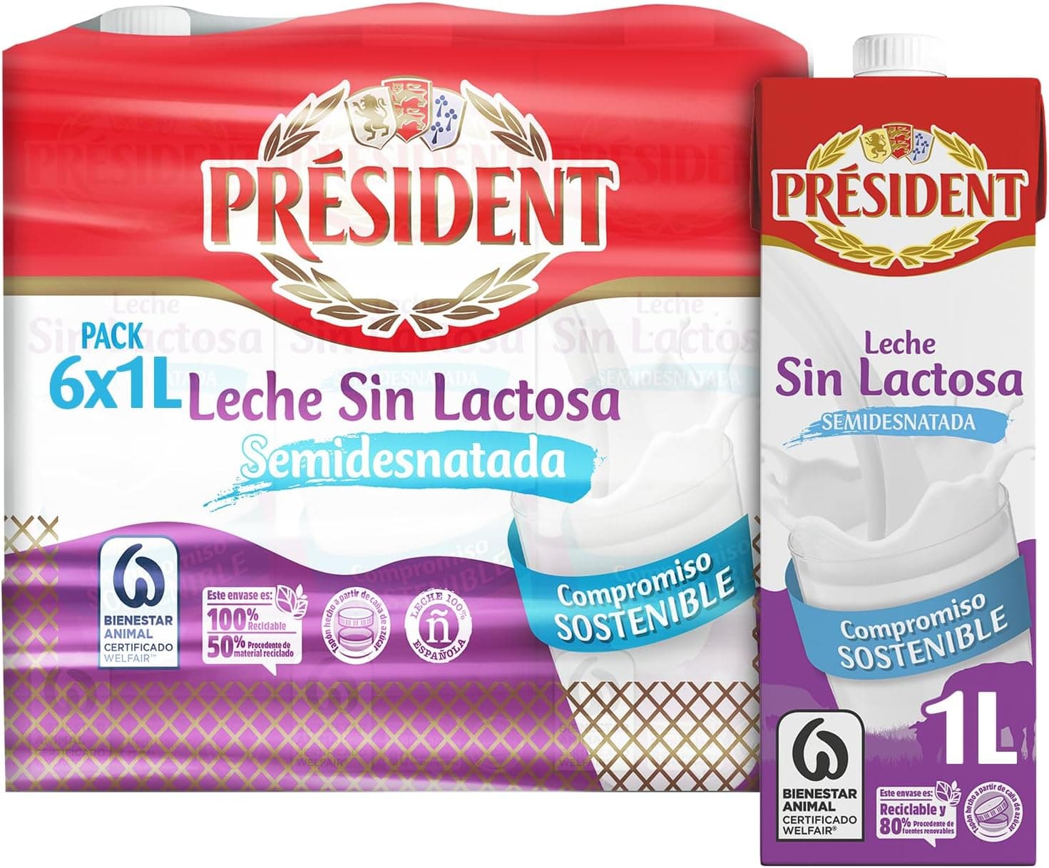 Président Leite sem lactose meio gordo, 1L x 6