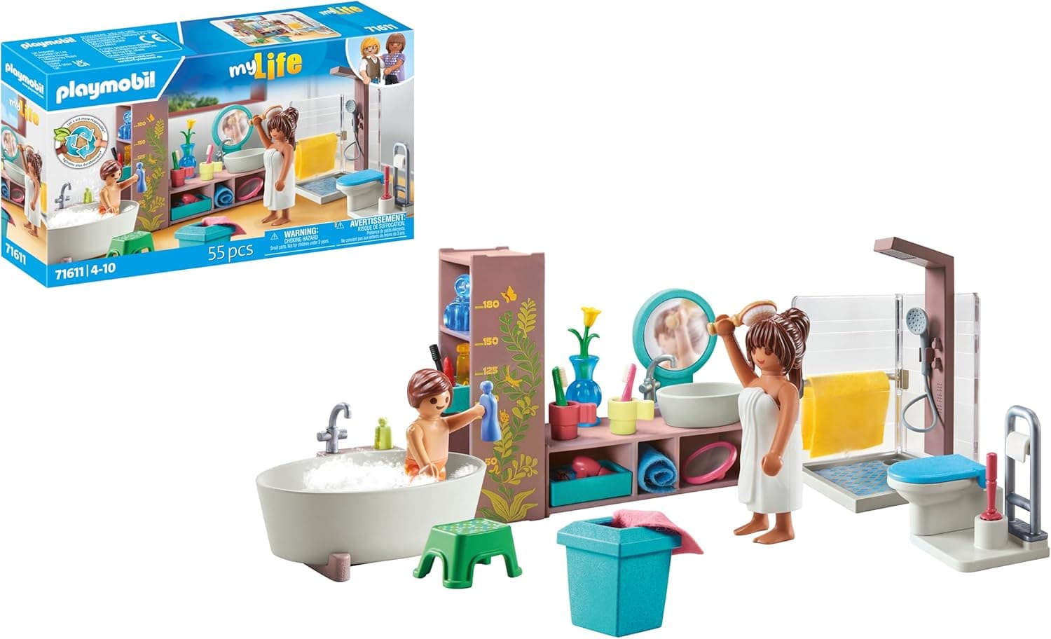 PLAYMOBIL myLife 71611 Casa de banho, inclui duas figuras e vários acessórios, feitos de mais de 80 % de materiais reciclados e de base biológica, brinquedos para crianças a partir de 4 anos