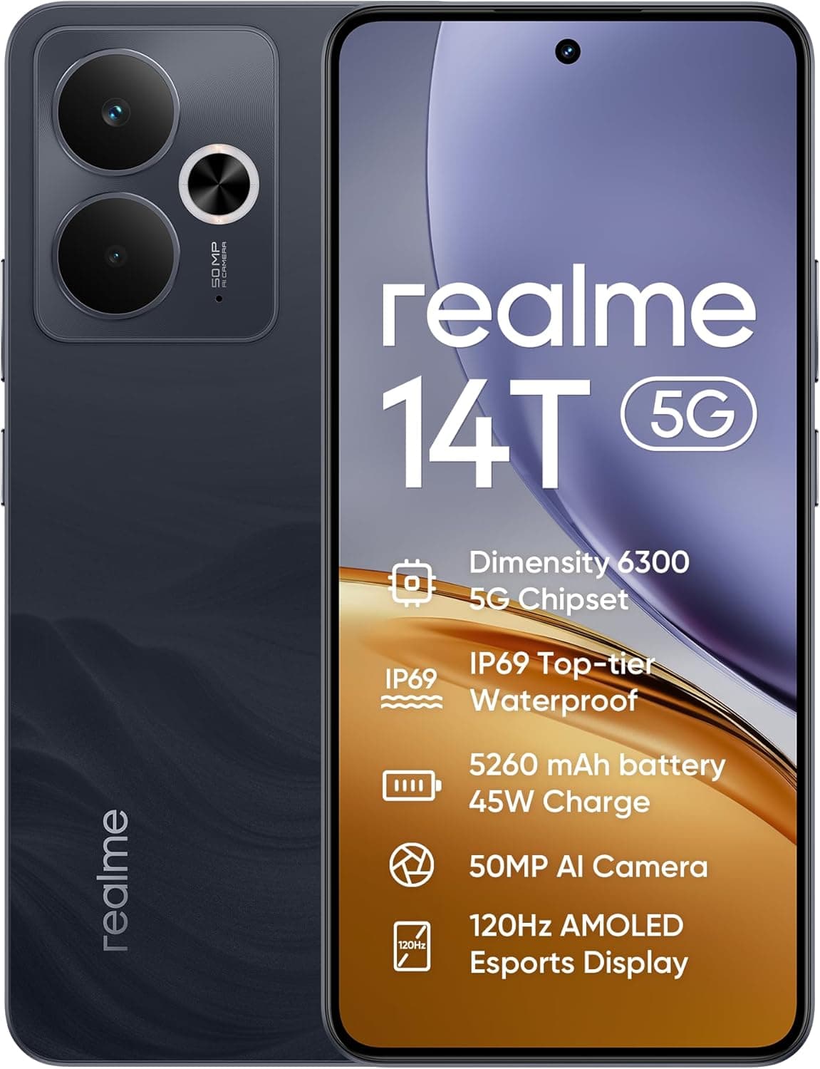 realme 14T Smartphone 5g, 8 + 256 GB, bateria 5260 mAh, processador Dimensity 6300, IP69, câmara de 50 MP, ecrã AMOLED para desportos de 120 Hz, preto obsidiana, exclusivo da Amazon (sem adaptador)