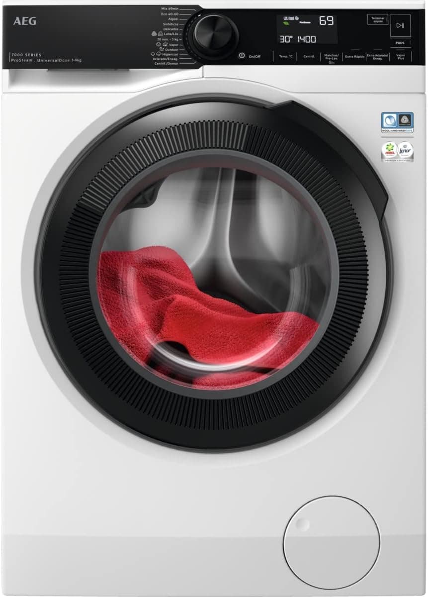 EG LFR7394O4V Lavadora de carga frontal 9 kg, 1400 rpm, instalação gratuita, dose universal, motor de inverter, função de vapor, programa rápido, ecrã LCD, série 7000, branco, classe A
