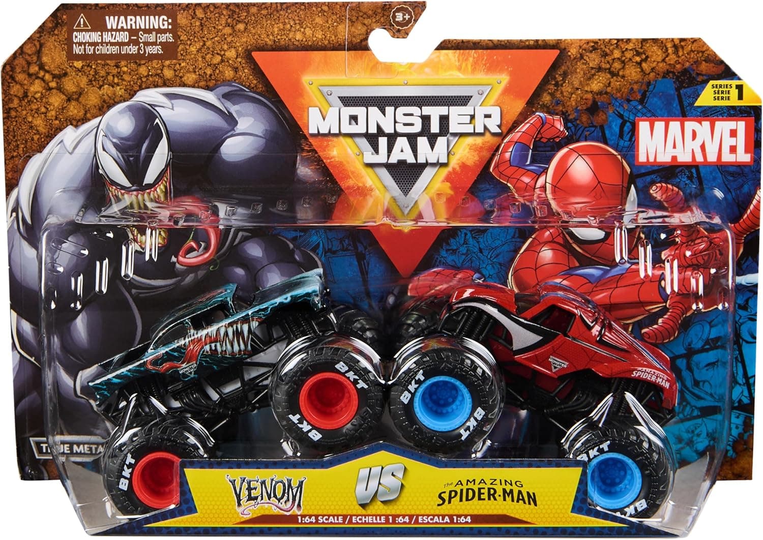 Monster Jam - Embalagem de 2 carros Monster Truck Marvel oficial escala 1:64 Metálicos: Venom Vs. Spiderman - 6071942 - Carros para crianças - jogos infantis - brinquedos crianças 3 anos +