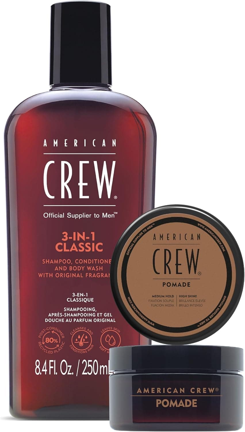 American Crew Holiday Duo Set: 3-em 1 Classic Shampoo, condicionador e gel de banho 250 ml cera para o cabelo Pomade 50 g
