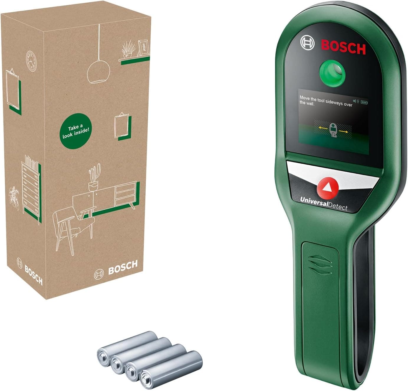 Detector UniversalDetect da Bosch (guia passo a passo no ecrã para facilitar o manuseamento e detetor de buchas e cabos, em caixa para e-commerce)