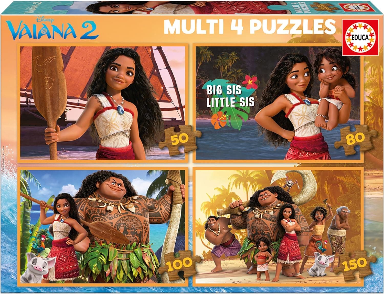 Educa Vaiana 2 | Conjunto de 4 puzzles progressivos para crianças com 50 a 150 peças