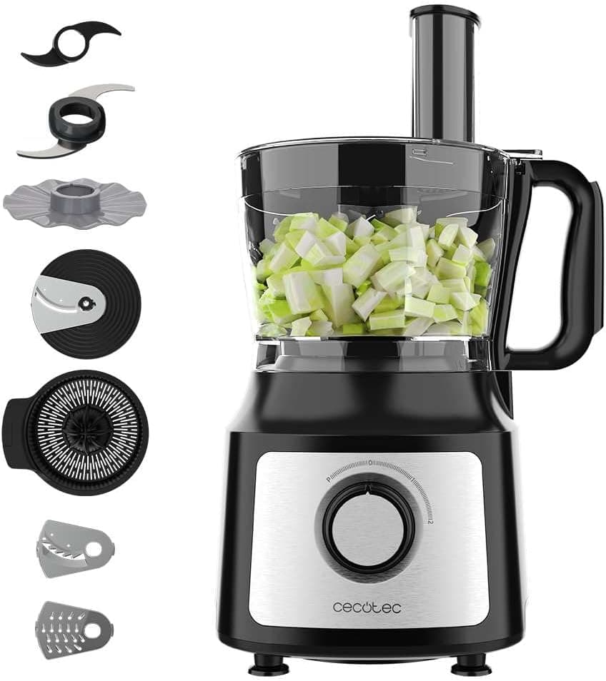 Cecotec Processador de alimentos Cominho 1000. 1000 W, 2 velocidades e pulso, Bowl de 2 litros, 3 discos de corte, lâmina para picar, lâmina para amassar, espremedor e disco para cremes