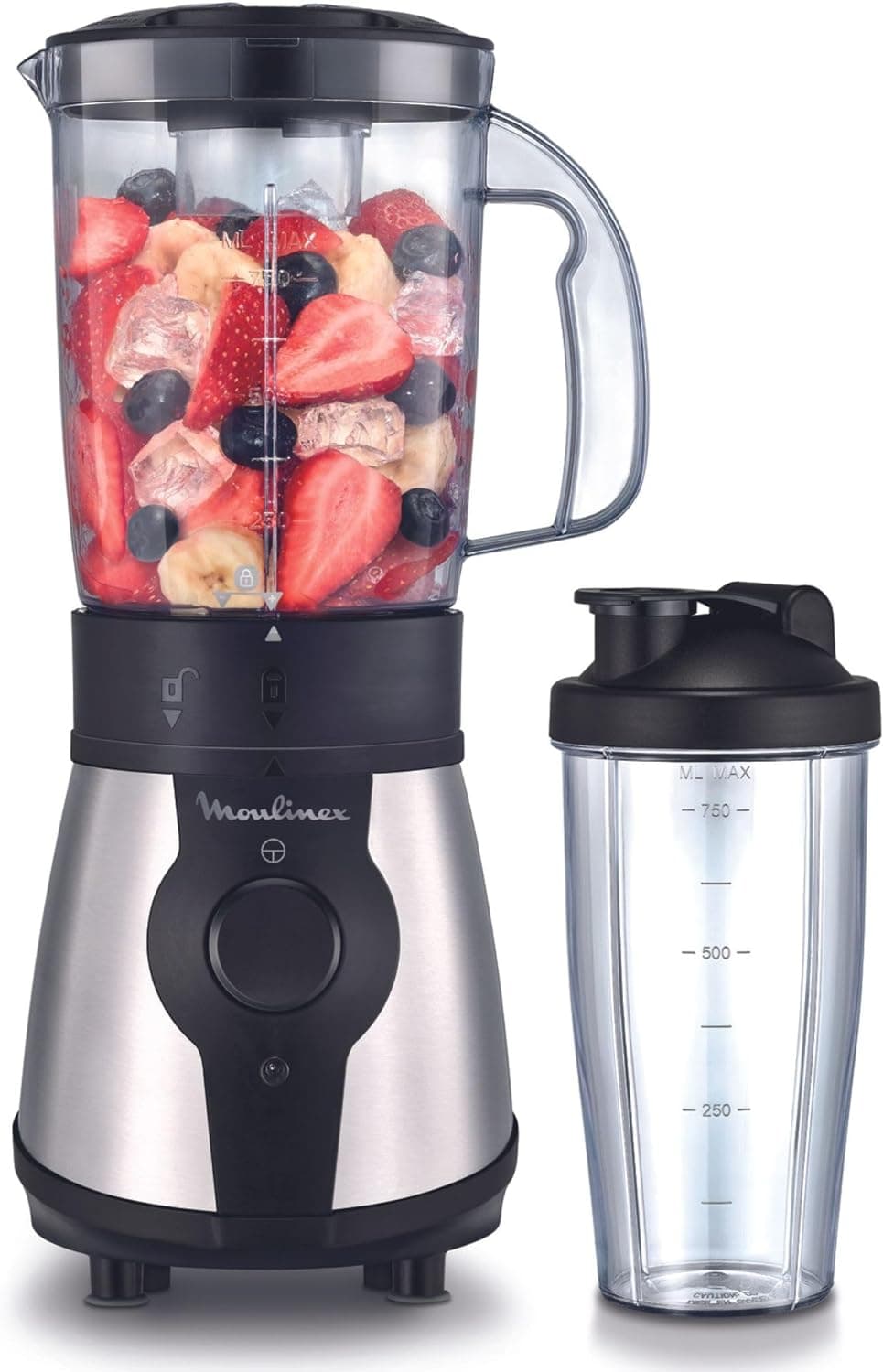Moulinex Blendeo Liquidificadora 300 W, inclui garrafa portátil de 750 ml, sistema de 4 lâminas, acabamento em aço inoxidável