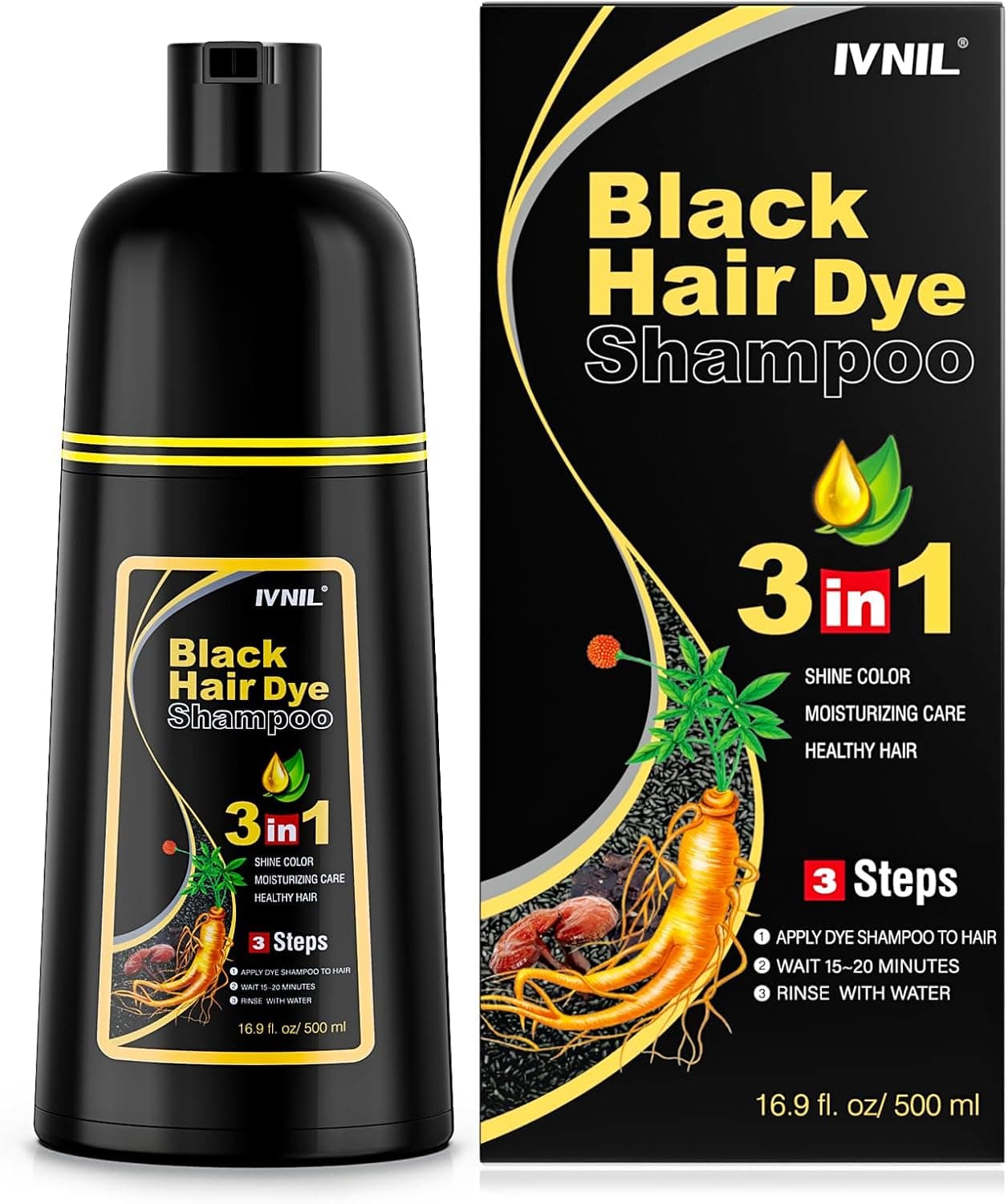 Shampoo tinta preta para cabelo, coloração de cabelo preto 3 em 1 para homens e mulheres, champô de cabelo contra cabelos brancos, champô de cor para cabelo