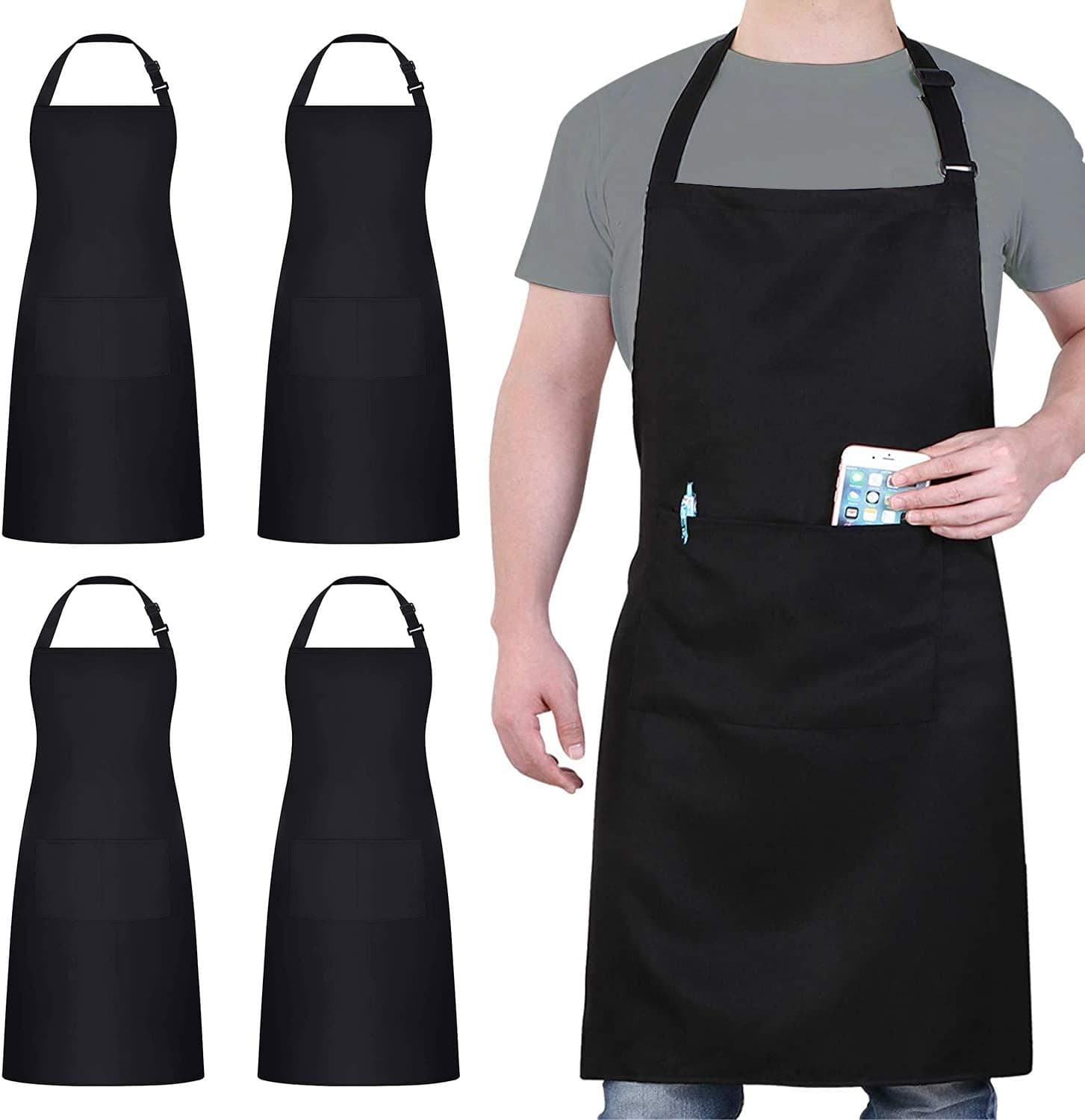 Chef Apron | Pack de 4 aventais impermeáveis ajustáveis com 2 bolsos em poliéster para cozinha ou churrasco