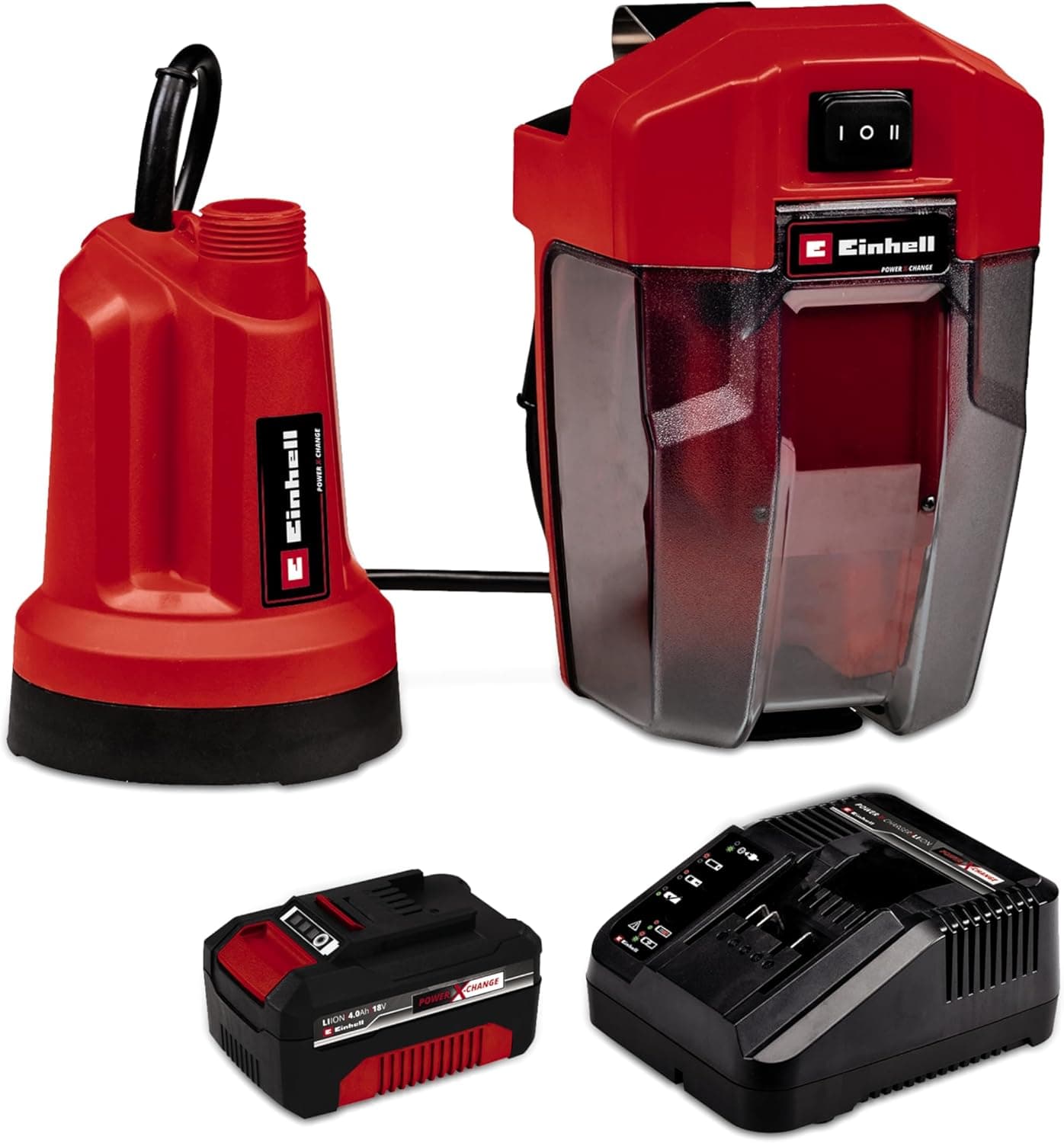 Einhell Bomba de drenagem de água clara sem fios GE-SP 18 LL Li (1 x 4,0 Ah) PXC (Li-Ion, 18 V, 4500 L/h máx, caixa de bateria flexível, ignição contínua, bateria de 4,0 Ah e carregador rápido