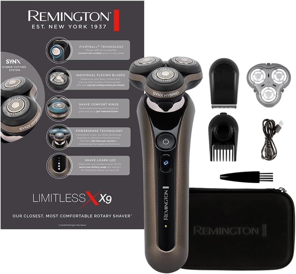Remington XR1795 Máquina de barbear rotativa e lâminas 2 em 1 X9 Limitless X, sistema de corte híbrido SynX, sem fio, recarregável, uso a seco/molhado, Pivotball de 360°, memorização do barbear