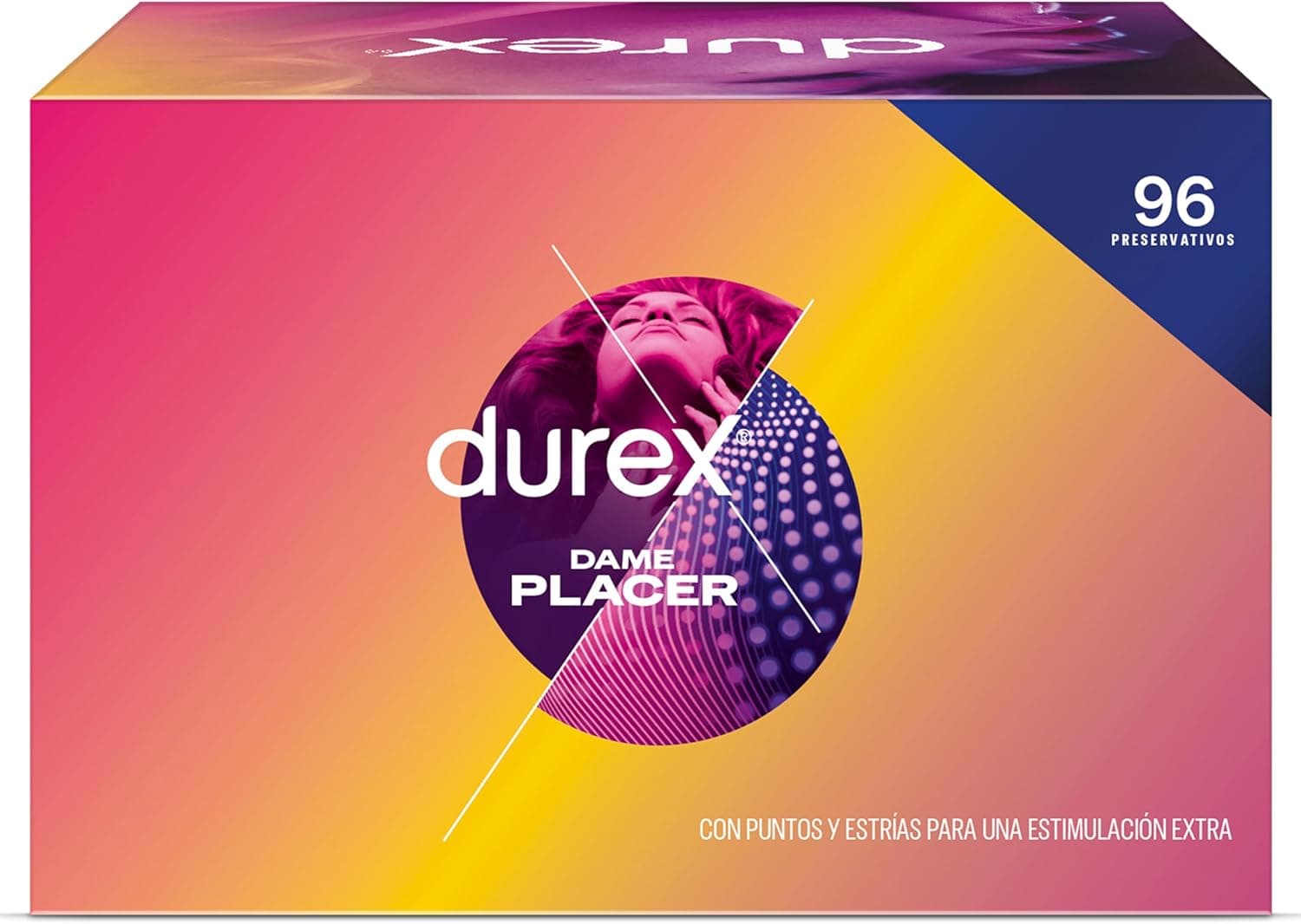 Durex Preservativos Dame Placer, com pontos e estrias, extra lubrificados, forma fácil-on, 96 preservativos