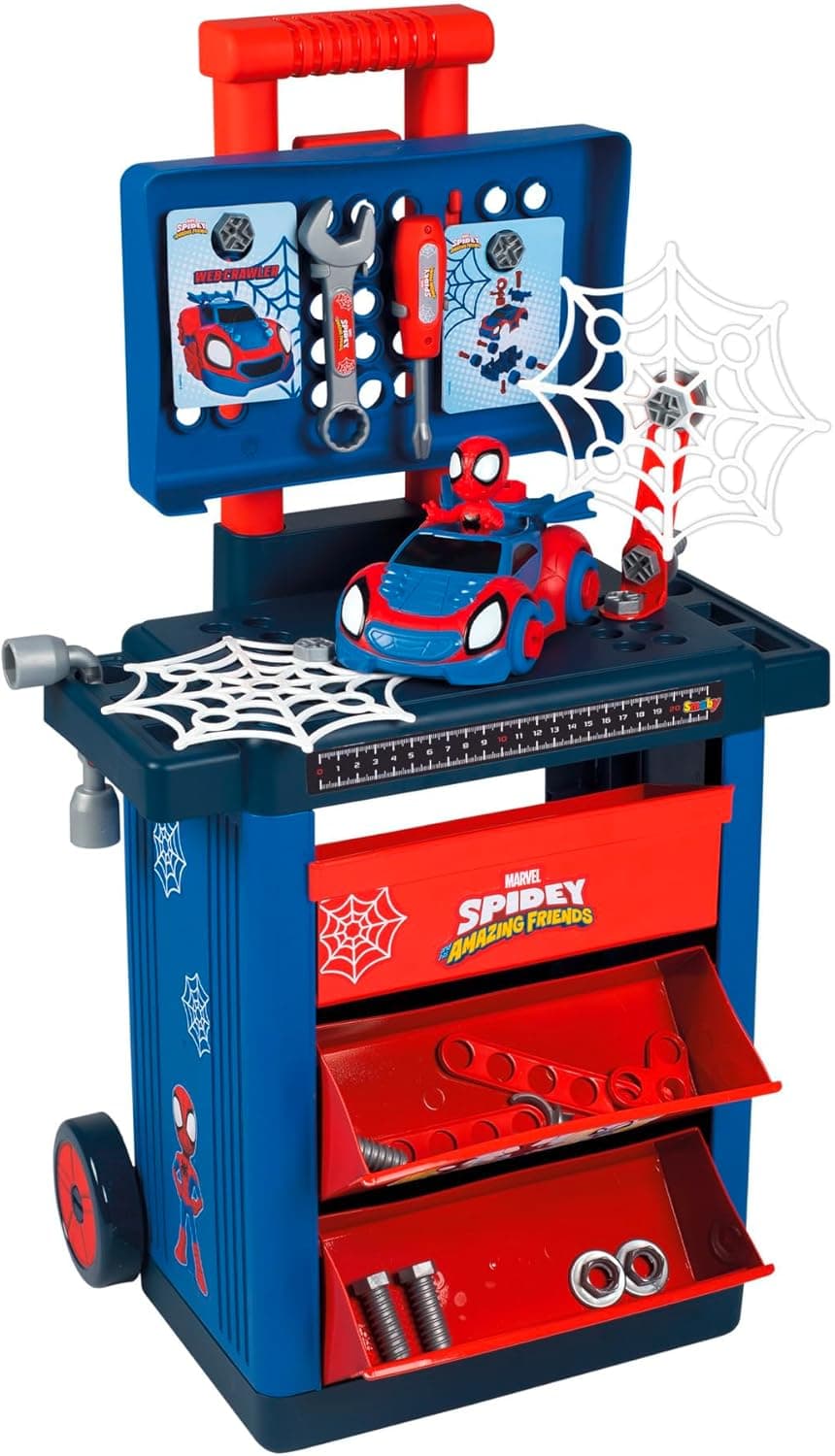 Smoby 7600360214 Trolley Spidey banco de trabalho com rodas e ferramentas para construir carro de Spidey, 2 gavetas de armazenamento, brinquedos meninos e meninas, a partir dos 3 anos