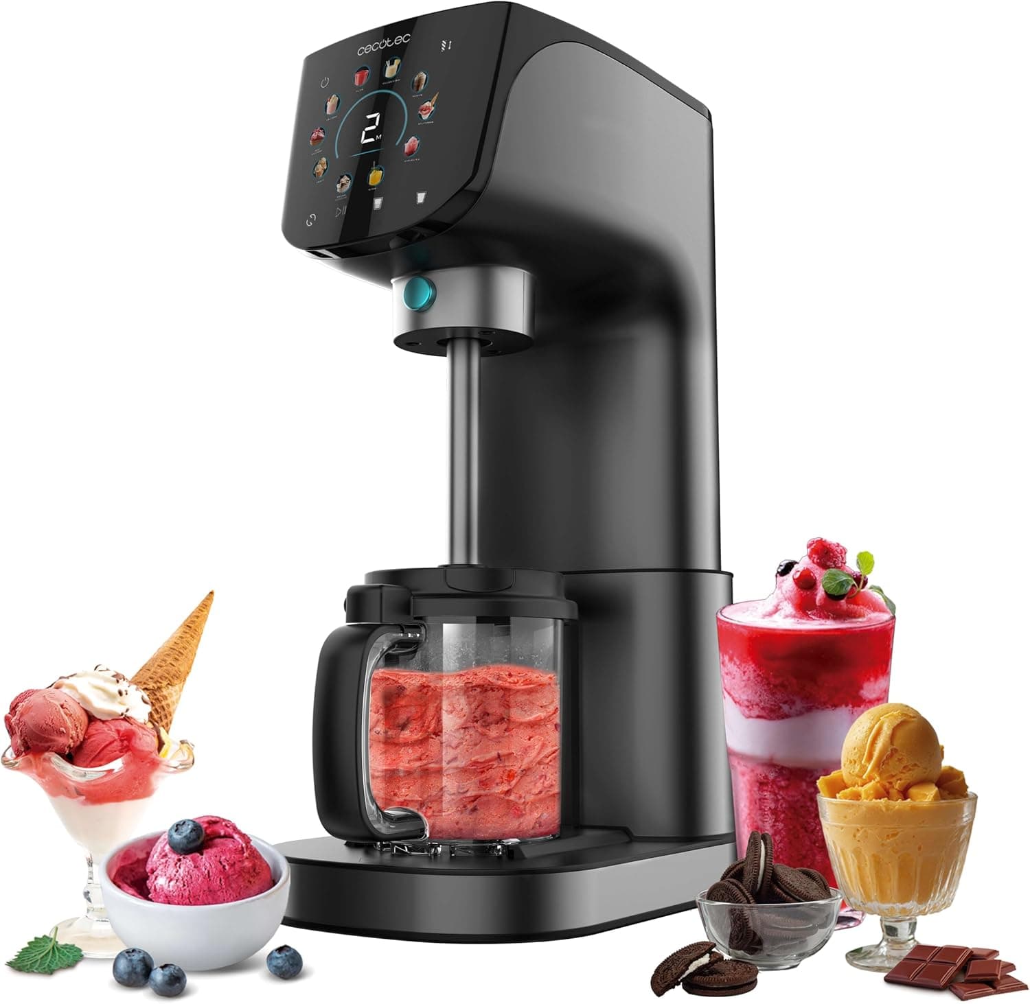 Cecotec Frigorífico multifunções, máquina de fazer gelados Gelatec 2100. 500 W, 11 programas de gelado e bebidas granizadas, tecnologia CreamOn e Re-spin, ecrã tátil, 3 frascos, capacidade 2,1 l