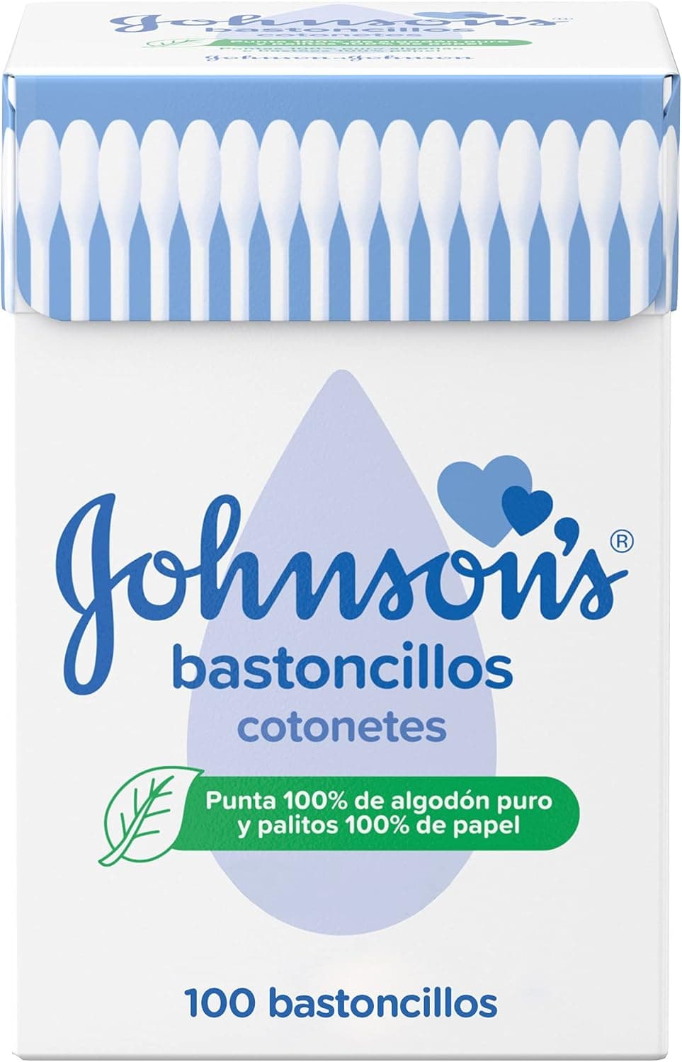 Johnson's Baby cotonetes para bebés, crianças e adultos (1 caixa x 100 unidades), cotonetes para os ouvidos com pontas 100% de algodão puro e palitos 100% de papel