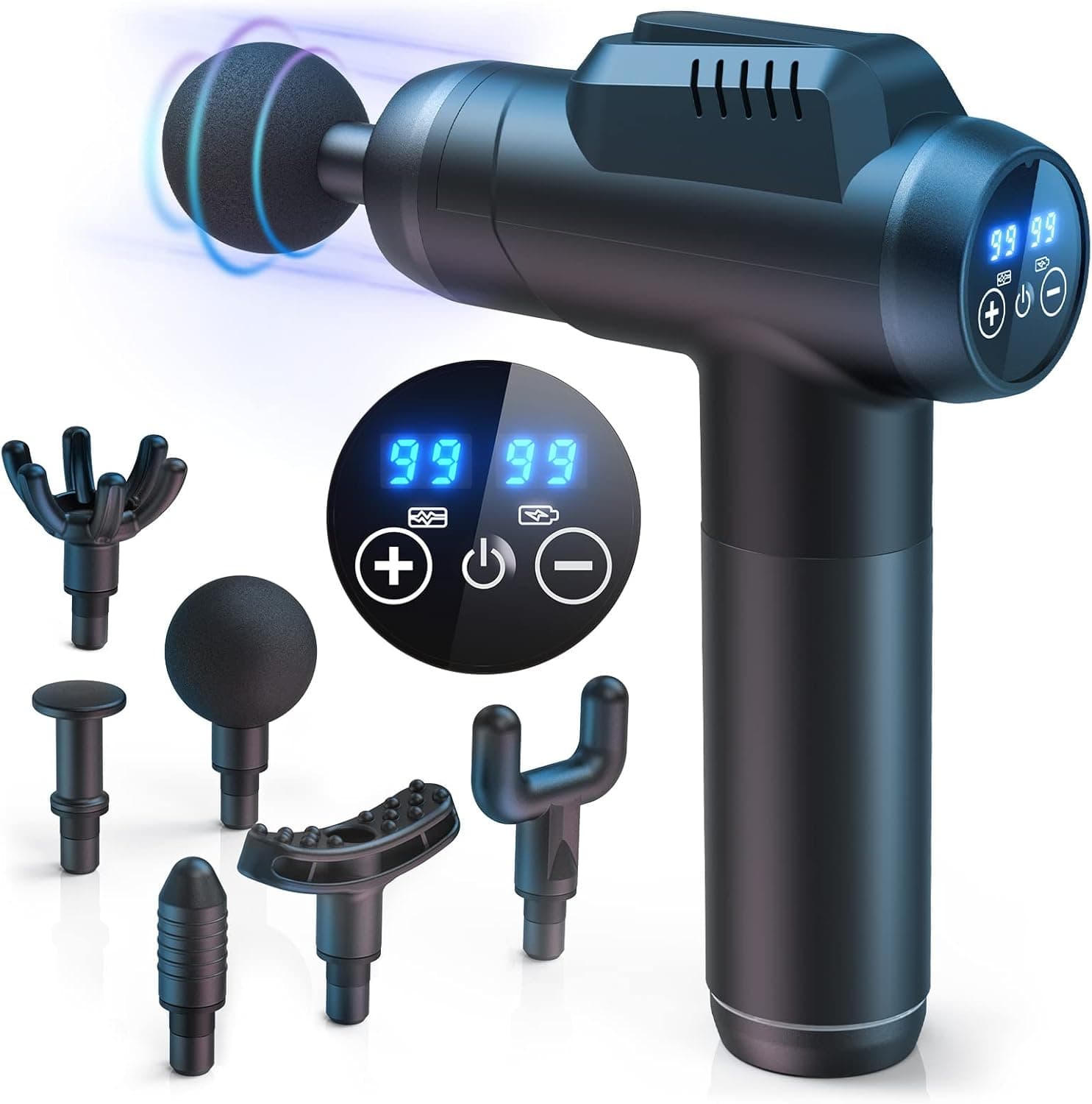 Pistola de massagem muscular, massajador cervical e costas, 99 níveis ajustáveis, 6 cabeças de massagem, ecrã LCD e carregamento tipo C, profissional Massage Gun para aliviar a dor muscular