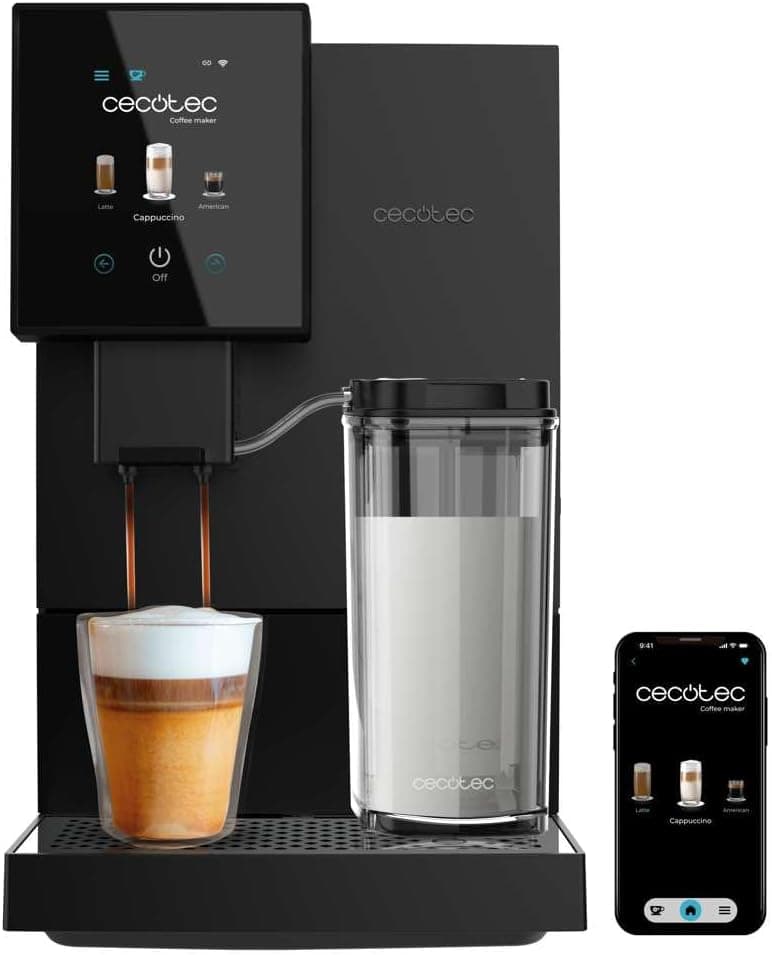 Cecotec Cafeteira super automática compacta com Wifi Cremmaet Compactccino Connected. 1350 W, 19 bares, ecrã TFT e APP, moinho, tanque de leite 400 ml e 1 L de água