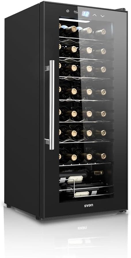 SVAN Vinhoteca 32 Garrafas pretas SVN3200S. 65 W, Display LED tátil, ecrã digital exterior, 8 grelhas metálicas