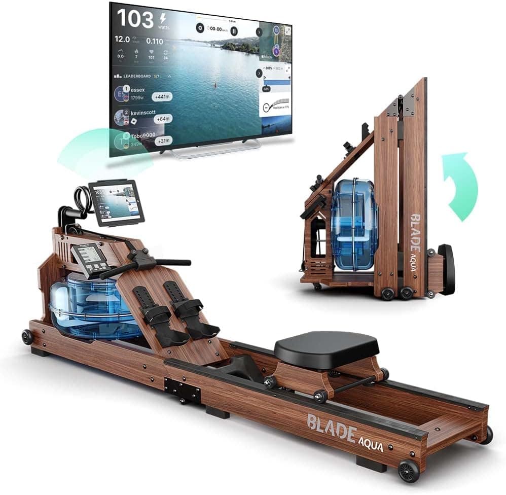 Bluefin Fitness Máquina de Remo Blade Aqua W-1, madeira e água / freixo americano / equipamento de ginástica em casa dobrável / consola LCD monitor de ritmo cardíaco / App Kinomap, preto/castanho